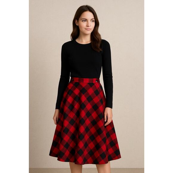 Vtg Halston Wool Midi Skirt Sz 4 Red Tartan Plaid Scotch A Line Pleated New - Picture 1 of 7